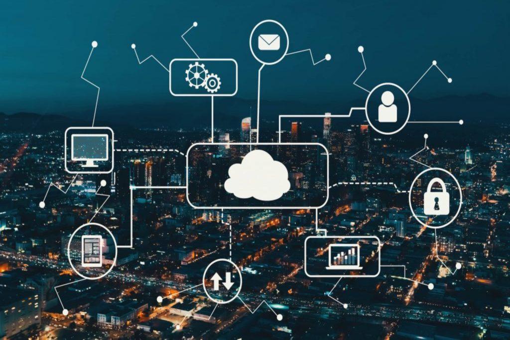  A diagram of cloud infrastructure components, including a cloud, servers, computers, and other devices connected by a network.